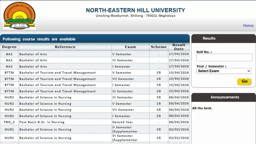 NEHU Result 2026: UG PG 1st 3rd 5th Sem Results Out Now