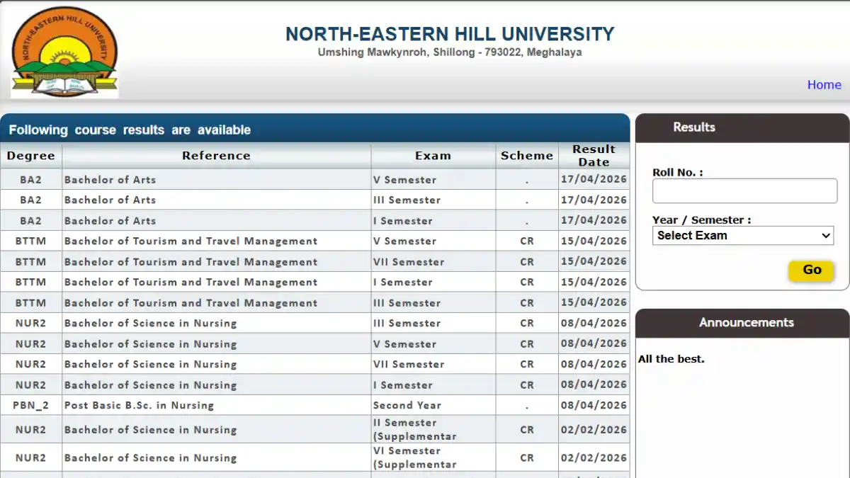 NEHU Result 2026: UG PG 1st 3rd 5th Sem Results Out Now